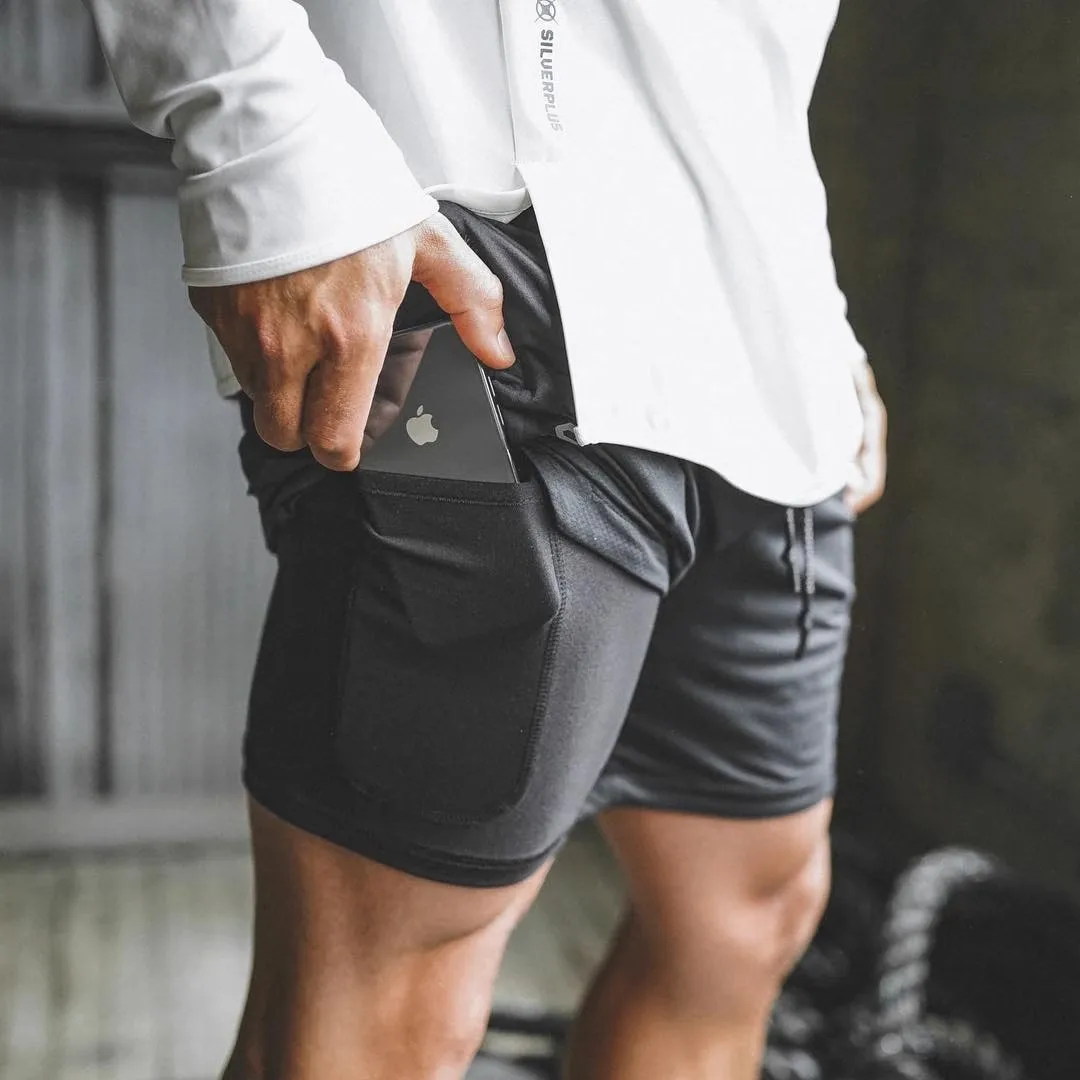 

Men Fitness Built-in pocket sports Shorts Summer 2 In 1 Quick Dry Gym Beach shorts Running Double-deck Shorts mesh sweatpants