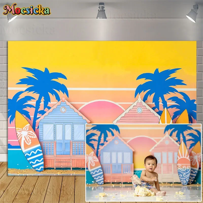 

Summer Surf Shop Backdrops Photography Props Kids Birthday Portrait Cake Smash Photo Studio Seaside Sunset Palm Trees Background