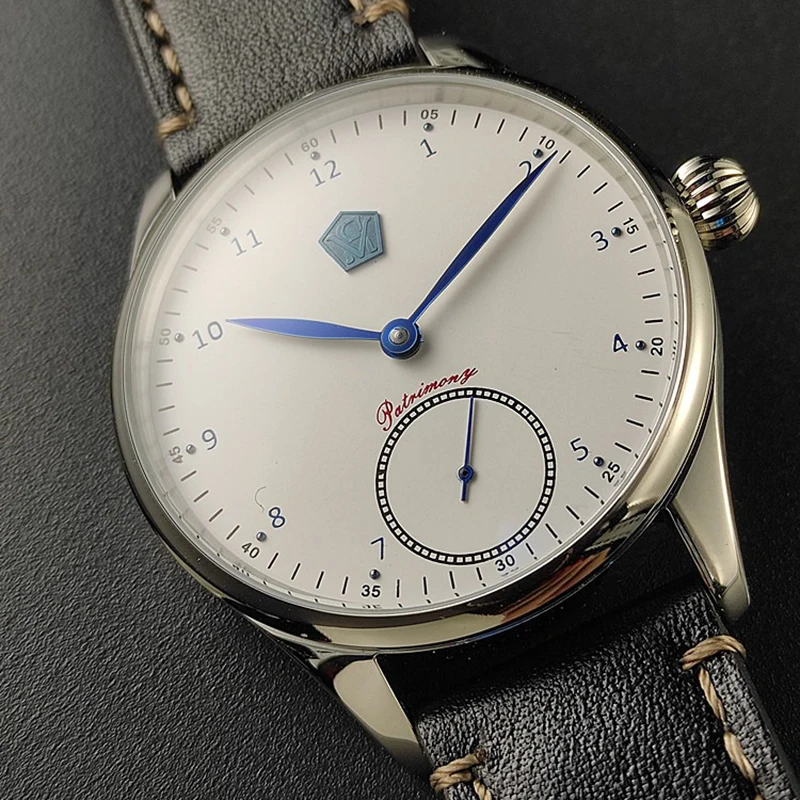 Men Manual Mechanical Watch Blued Hands Small Seconds Genuine Leather Strap Stainless Steel Case Water Resistant 40.5mm  Dial
