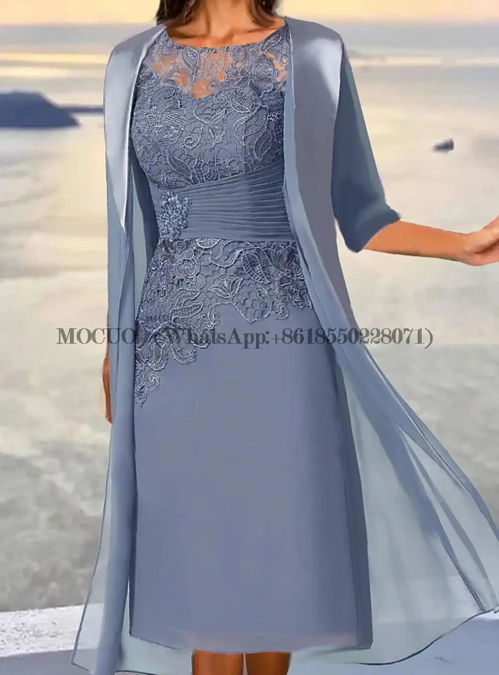 Mother of the Bride Dresses For Weddings Midi Dusty Blue Knee-Length Floral Lace Appliques Layered Ruched فستان