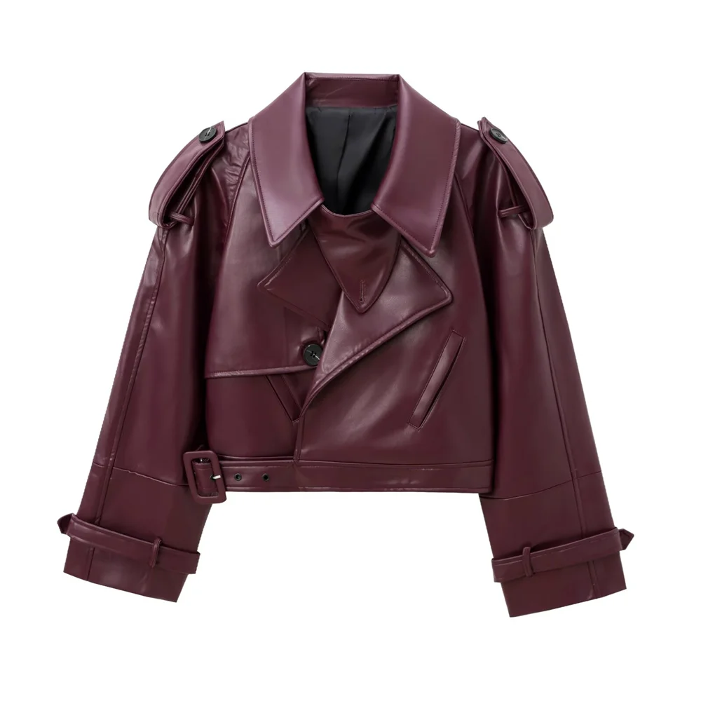 PB&ZA2024 Autumn New Product Casual Women's Fashion Solid Color Collar Belt Decoration Irregular placket Design Leather Coat