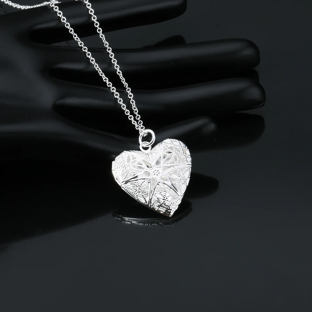 

korean Pretty 925 Sterling Silver romantic Pattern heart photo frame Pendant Necklace For Women fashion party wedding Jewelry