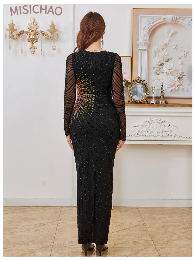 MISICHAO Black Sequin Evening Dress Women Long Sleeve Mesh Bodycon Maxi Dress with Gradient Sparkle Formal Party Prom Gown
