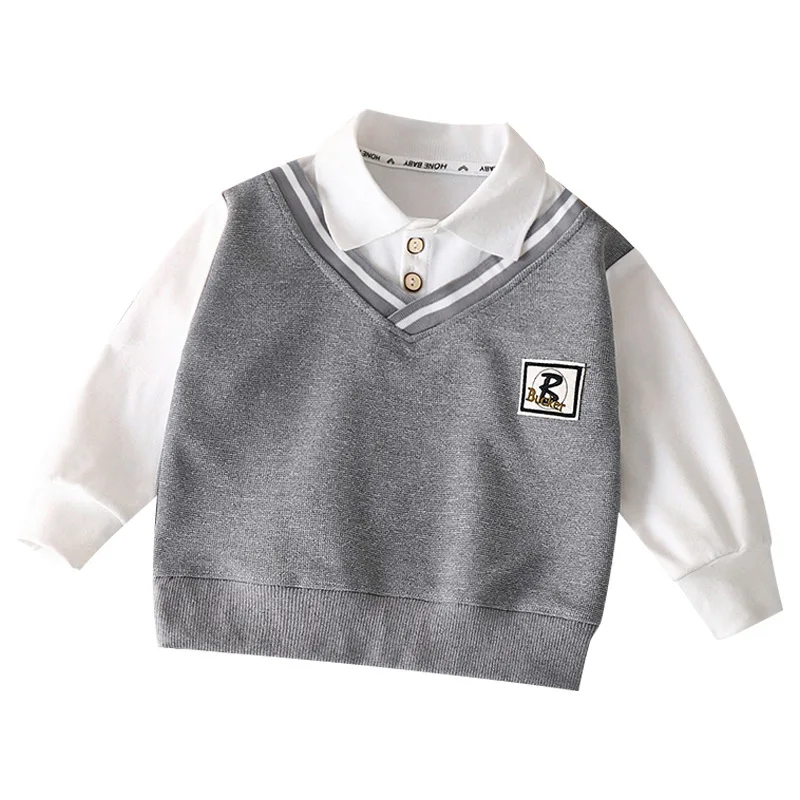 Autumn Children Boys Sweatshirt Cotton Letter Sticker Baby Boys Fake Two Piece Tops Loose Spliced Long Sleeve Kid Boy Polo Shirt