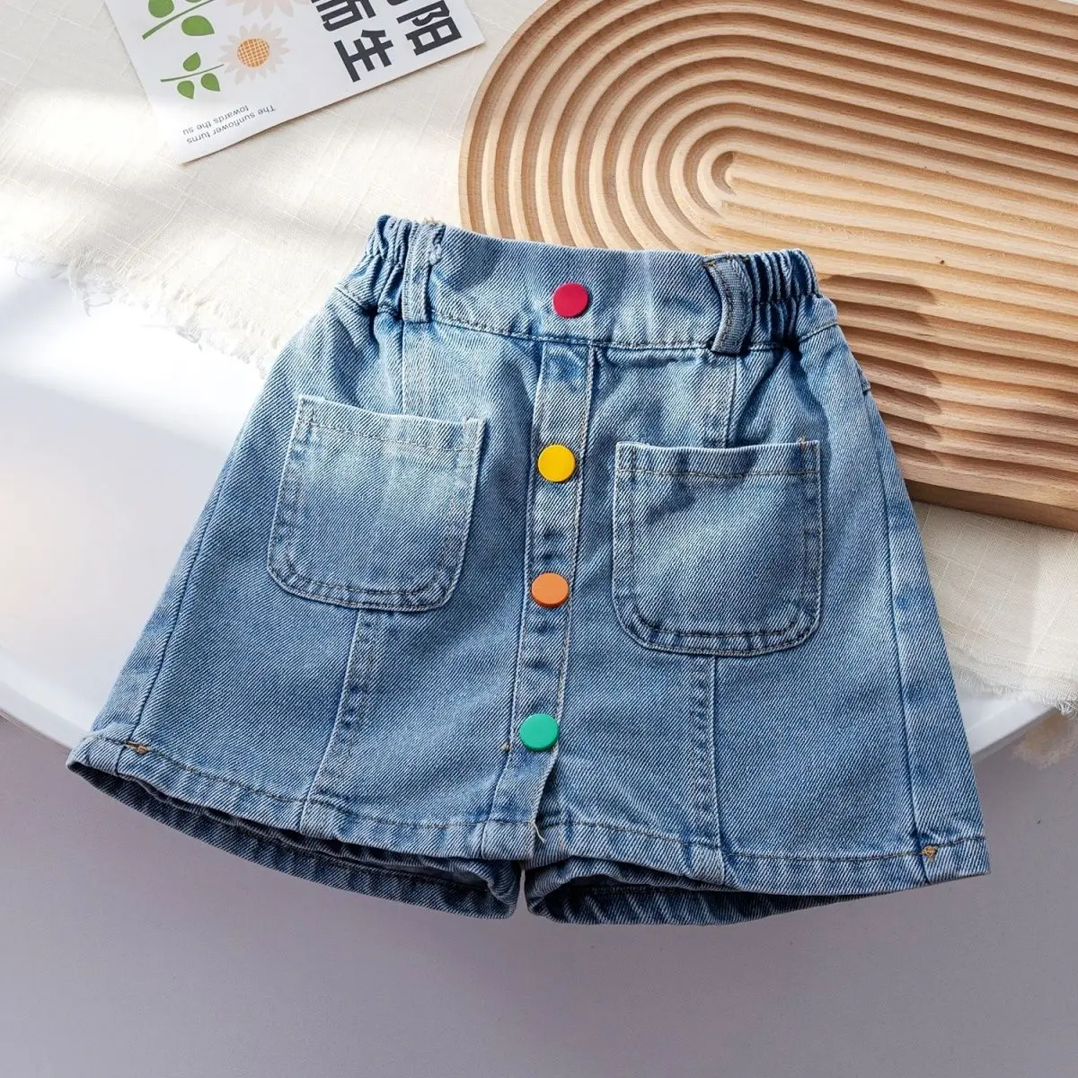 Girls\' Summer New Sweet Rainbow Button Denim Shorts Korean Version Foreign Style Short Skirt Children\'s Summer Jeans Skirt