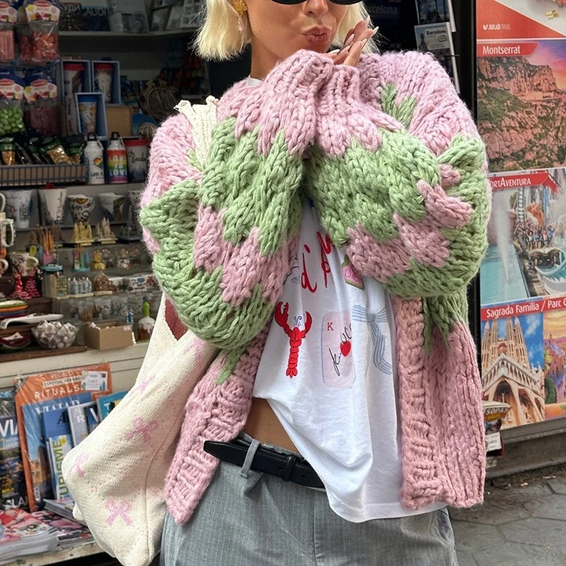 

Jacquard Knit Cardigan Sweater Colorblock Women's Jacket