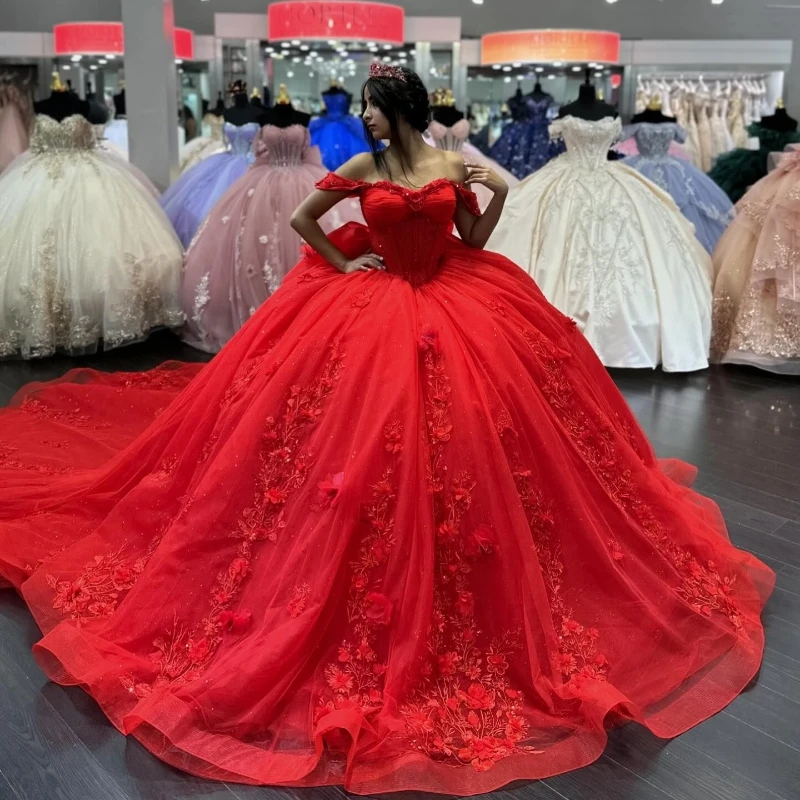 

Красное блестящее бальное платье, платья для Quinceanera с открытыми плечами, женское платье с бантом, красивое мексиканское платье 16, платья 15 De Anos