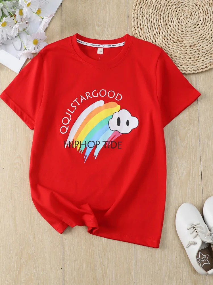 Boys summer short-sleeved T-shirt 2024 new fashion rainbow print casual loose top