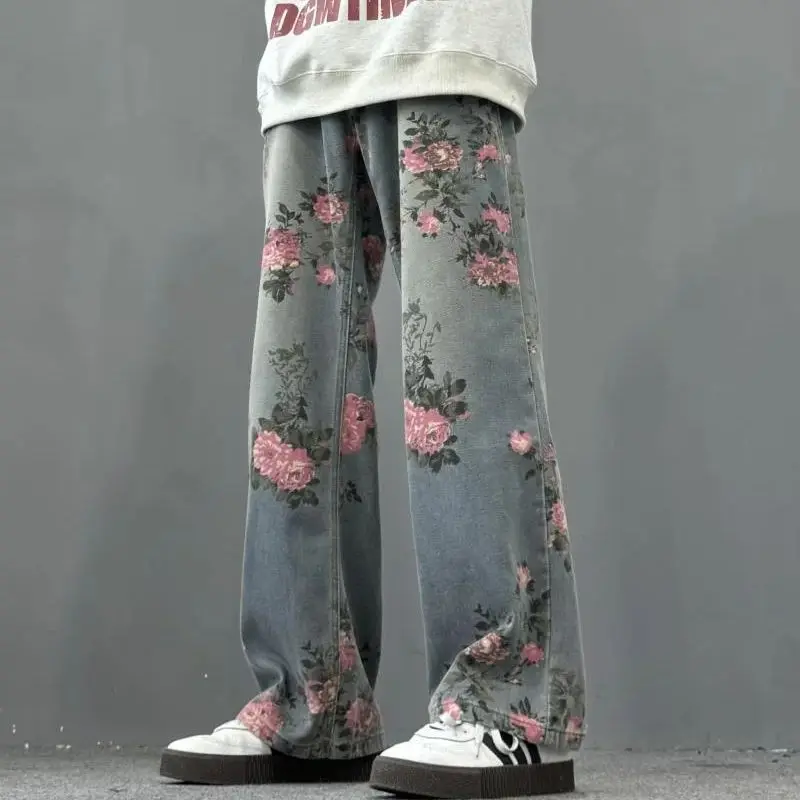 

Retro Blue Heavy Industry Rose Printed Jeans for Men Casual Pants with Relaxation and Slimming Straight Tube and Curved Knife