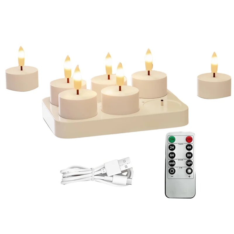 A53Q-Flameless Tea Light Candles Rechargeable 6Pcs With Charging Station Battery Tea Light Candles Remote& Timer