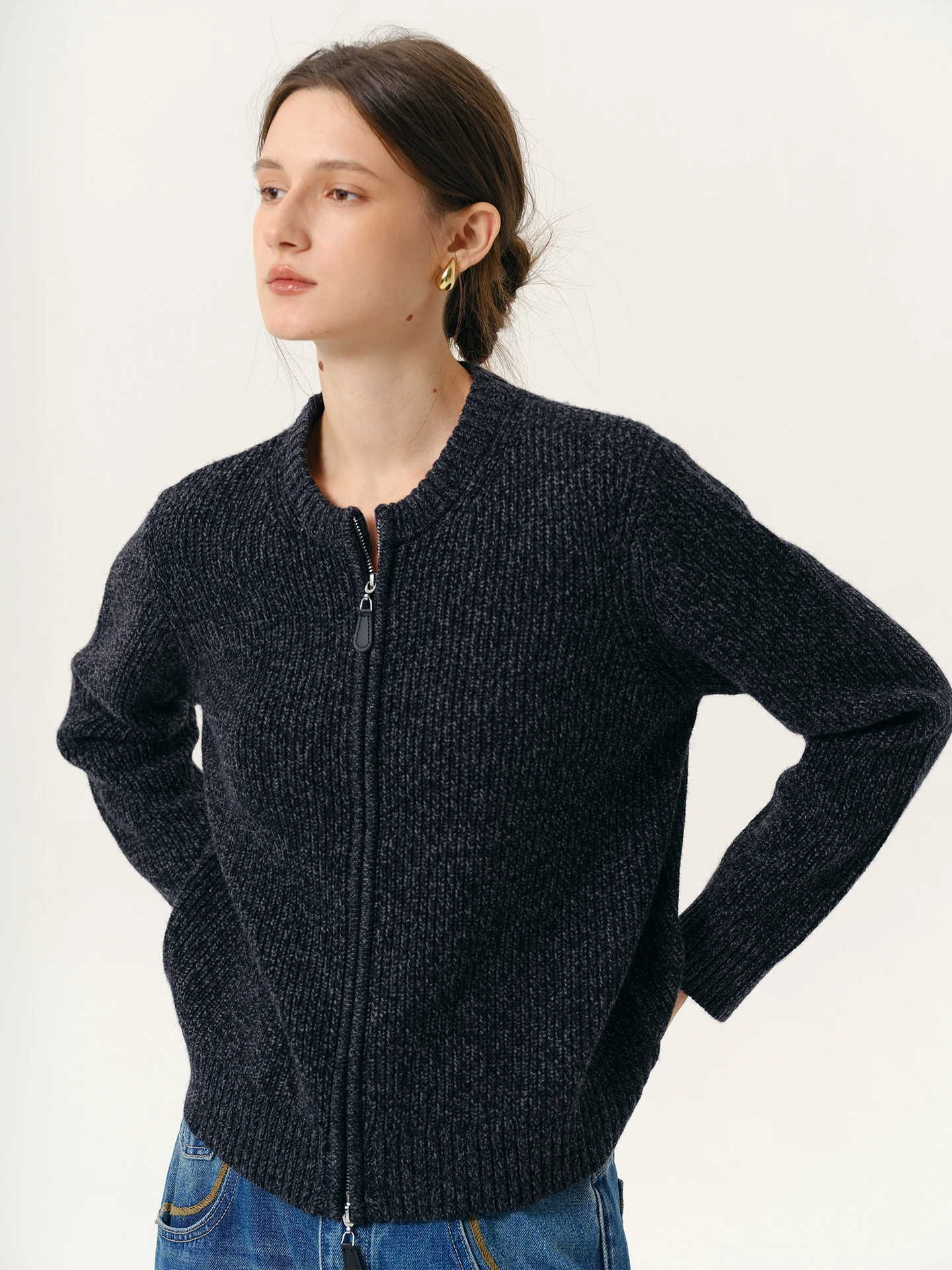 

NANCYLILI Winter New Zipper Knitted Slim Fit Women's Sweater Woolen Cardigan Deep ay Commute Top Faionable Casual Wear