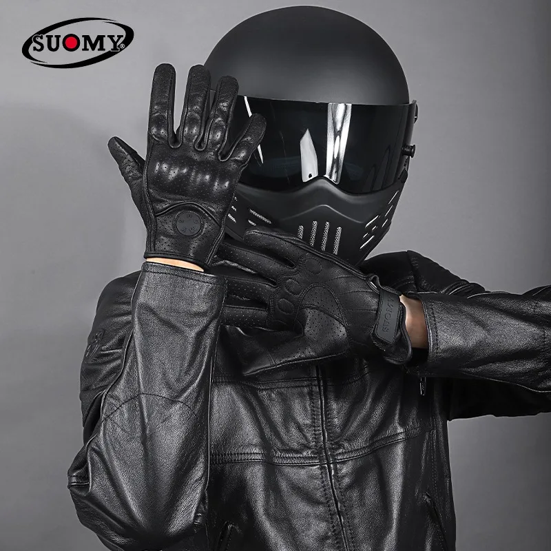 

SUOMY Motorcycle Riding Leather Gloves Vintage Design Soft Sheepskin with Holes Breathable Riding Full Finger Leather Gloves