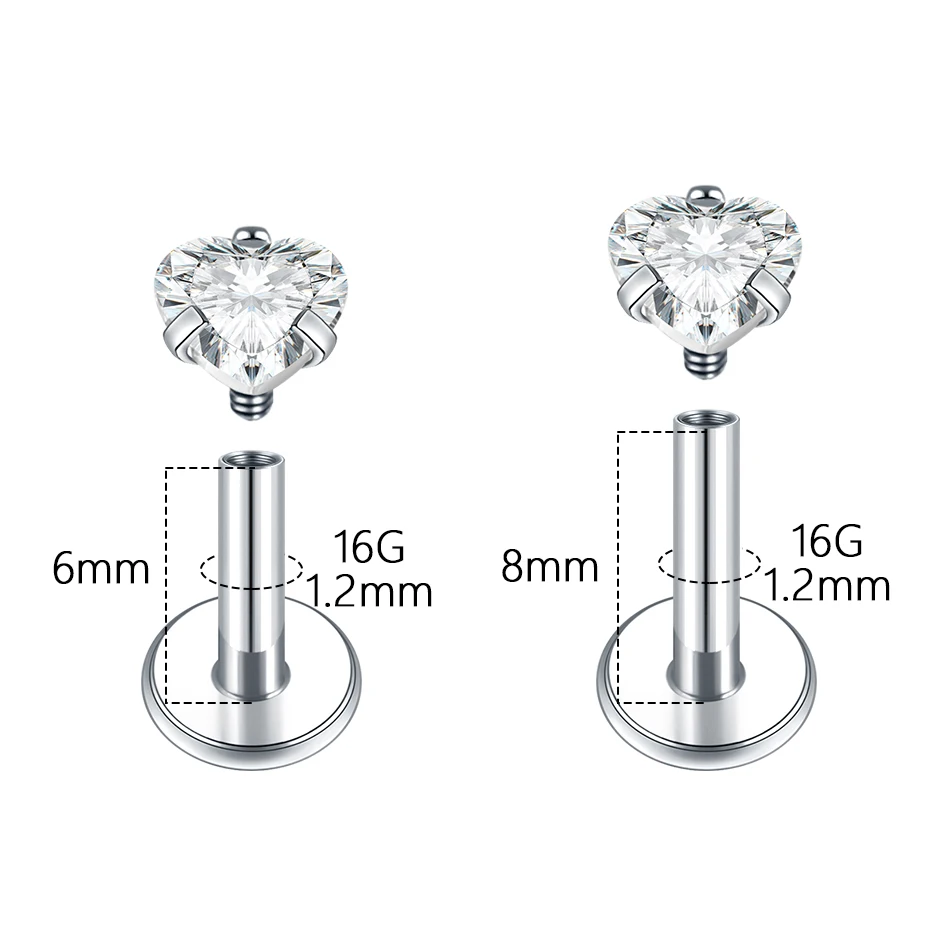 1/5Pcs Titanium Round Star Heart Cz Ear Tragus Internally Threaded Flat Back Labret Cartilage Tragus Helix Nose Stud Piercing