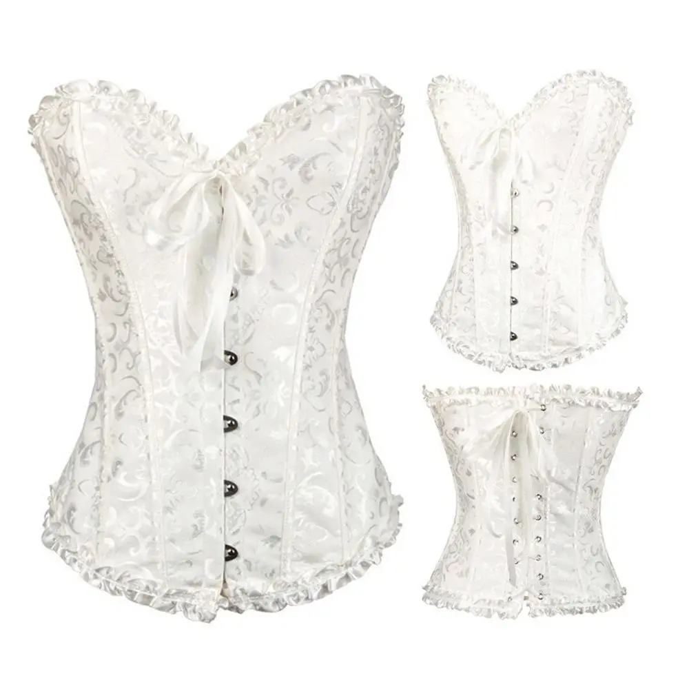 Women Sexy Gothic Satin Corset Bustier Top Brocade Stays Waist Shaper Overbust Boned Corset Top Lace-Up Costume Fancy Dresses