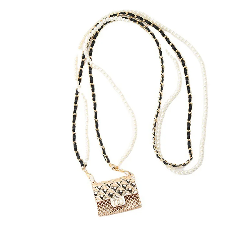 Fashion Women Pearl Chain Waist Bag Luxury Metal Hollow Rhombus Headphone Hanging Neck Decoration Female Dress Coat Waistband