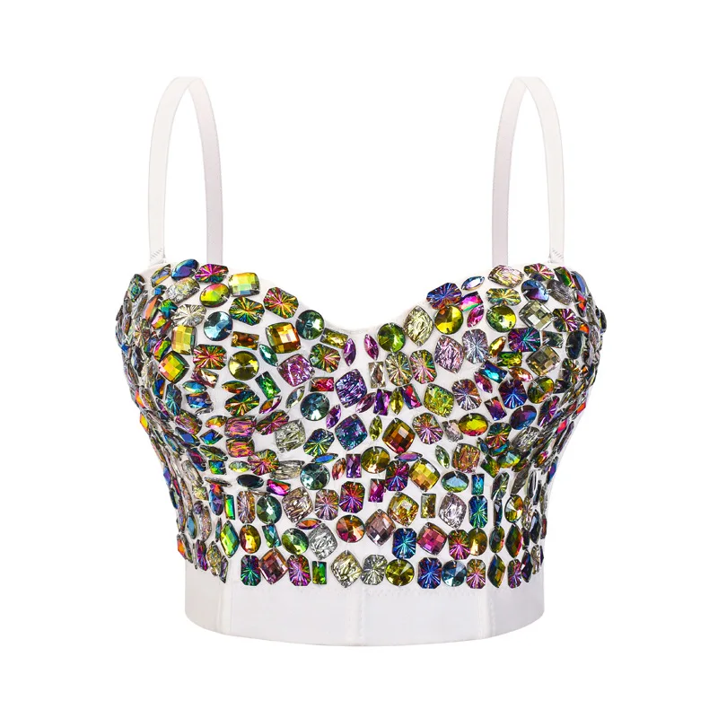 

White Multicolored Diamonds Gothic Punk Bras For Women Push Up Bralette Rave Rock Bra Top Sexy Party Club Wear Brassiere Femme