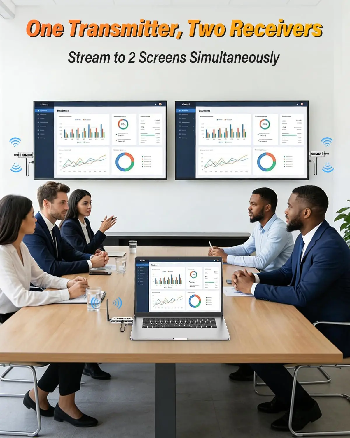 Wireless HDMI Transmitter and 2 Receivers with LCD Display,4K Decode 2K@60Hz Output,492FT/150M Range,Plug & Play,5.8G+2.4GHz Extender for Video and Audio to Monitor from PC/Projector/TV Box view 6