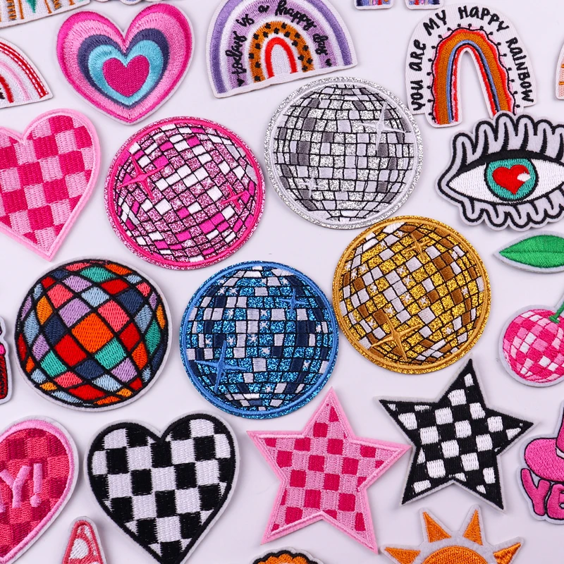 Disco Ball Heart Star Plaid Pattern Embroidered Patches For Clothing Thermoadhesive Patches On Clothes DIY Iron On Patch Sticker