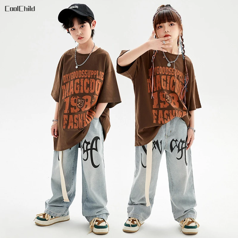 

Girls Street Dance Print T-shirt Jeans Boys Hip Hop Clothes Set Kids Cool Jazz Denim Pants Outfits Teen Rap Costumes Streetwear