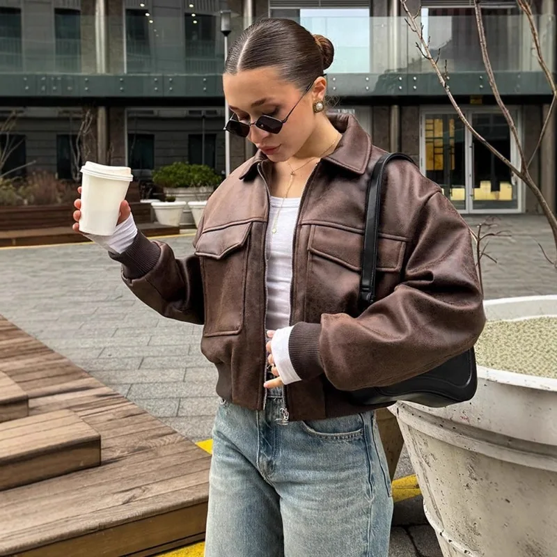 Autumn New Women's Clothing Fashion Spliced Short Loose Imitation Leather Pilot Lapel Jacket Big Pocket Decoration Women Coat