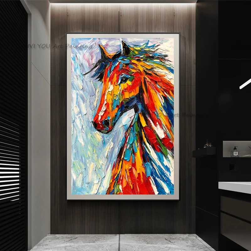 Handmade Original Vibrant Horse Portrait Oil Painting, Layered Palette Knife Bright Multicolor Tall Canvas Eclectic Home Artwork