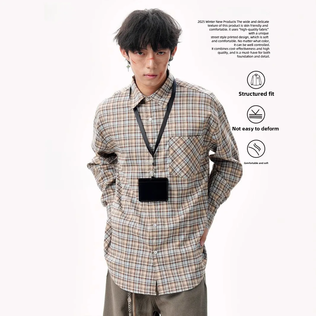 

American Retro Plaid Long Sve Collared Loose Casual irt for Men And Women with ket Autumn Spring Polyester Fiber