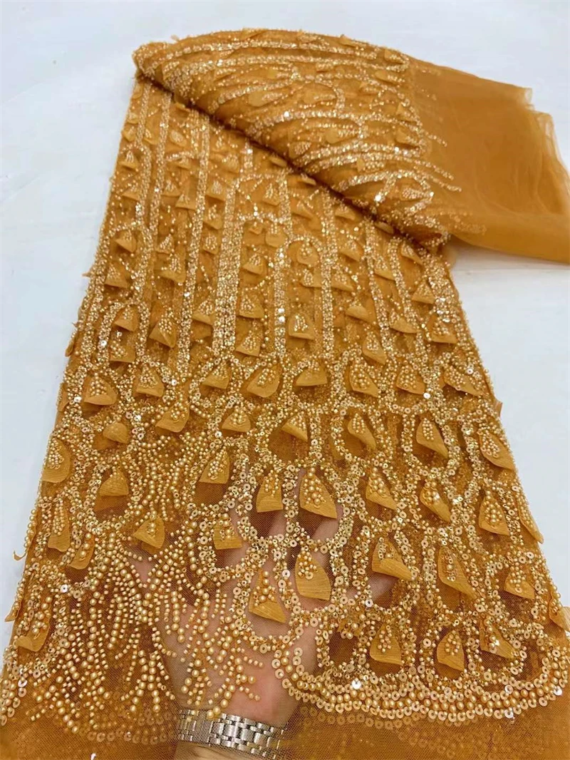 

Gold Organza African Lace Fabric 2024 High Quality Nigerian Sequins Tulle Lace Fabric French Luxury Beads Lace For Wedding