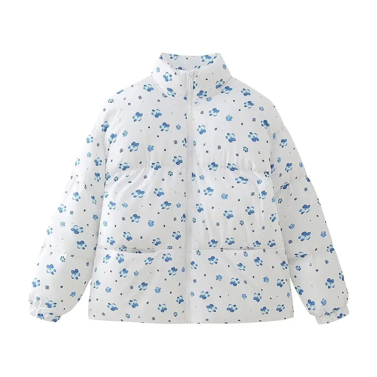 Abrigo con estampado de flores azules para mujer, chaqueta cálida con cuello levantado, ropa de calle con cremallera, prendas de vestir gruesas, invierno, 2024