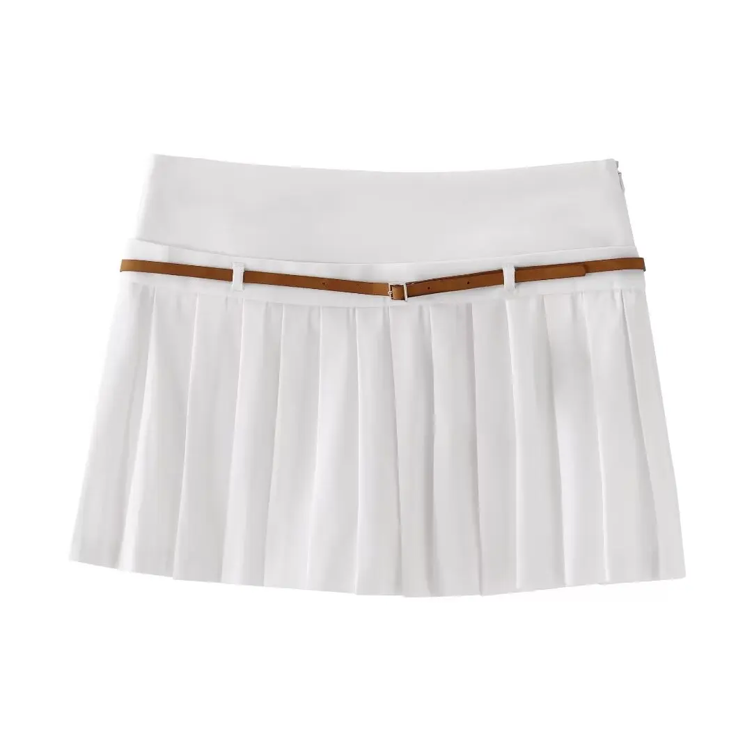 

HH TRAF 2024 Woman Chic Solid Color Pleated Culottes Elegant Women Side Zipper Belt Decoration Slim Mini Skirt Shorts Mujer