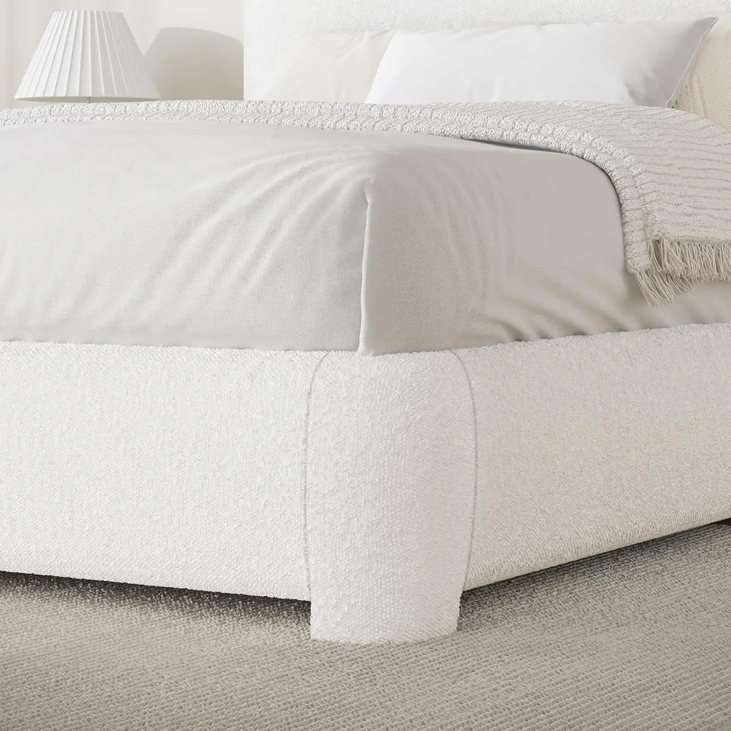 Full Size Bed Frame, Boucle Upholstered Platform Bed Frame with Headboard, Modern Style, Soft Rounded Corners