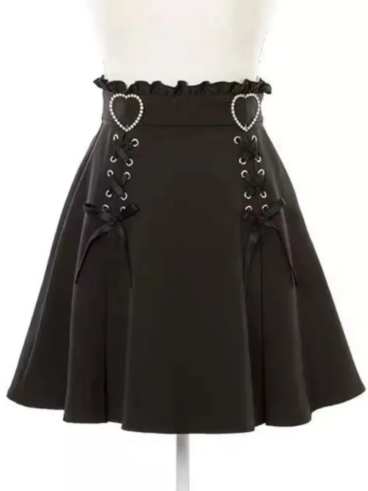 

2026 Y2k Aesthetic Harajuku Style Skirt Sweet Girl High Waist Mini Bandage Lolita Skirts Womens Solid Streetwear Gothic Jk Saia