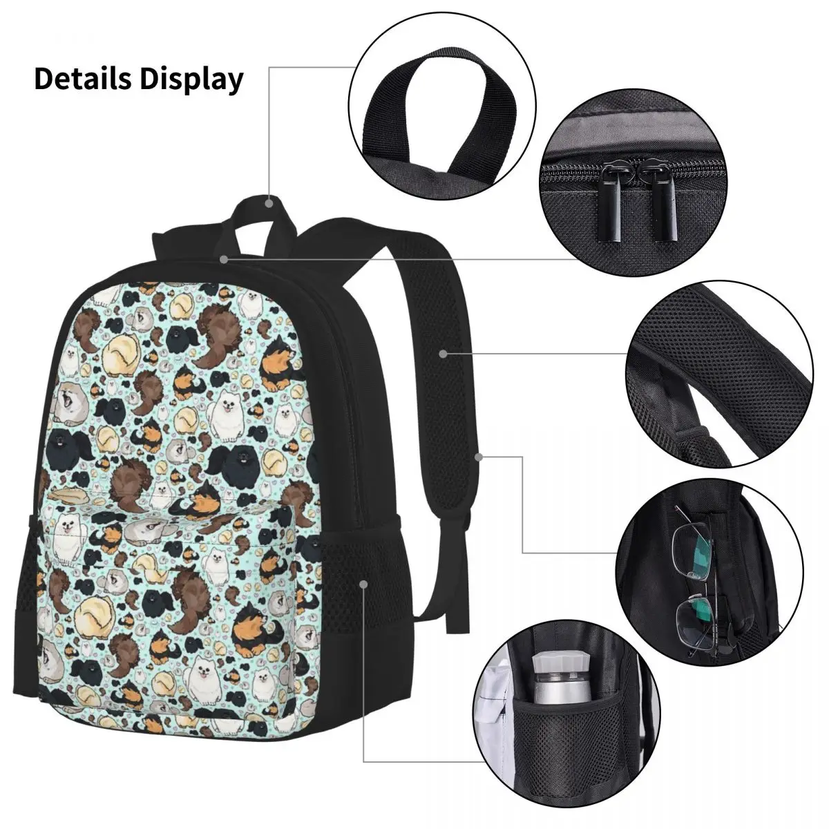 Pomeranians Backpacks Boys Girls Bookbag Children School Bags Cartoon Kids Rucksack Lunch Bag Pen Bag Three-Piece Set