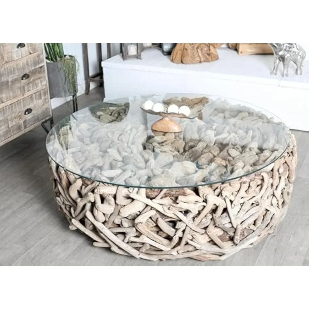 Driftwood Handmade Living Room Coffee Table | Stacked Collage Table with Tempered Glass Top | 48