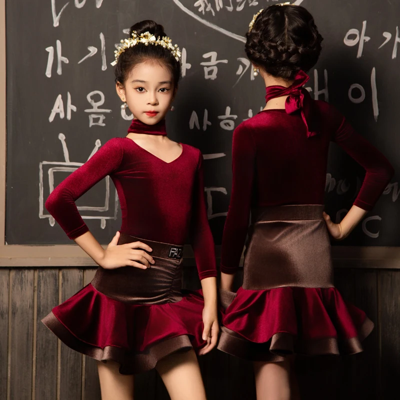 Girls Latin Dance Dress Children Latin Dancing Competition Suit V-Neck Long Sleeve Bodysuit Velvet Skirt Performance Wear 2249