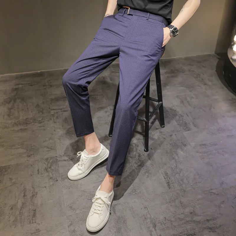 2025 Summer Thin Gray Striped Suit Pants for Men,Navy Blue Korean Version Slim Fit Small Leg Men's Casual Trousers,Asian Size