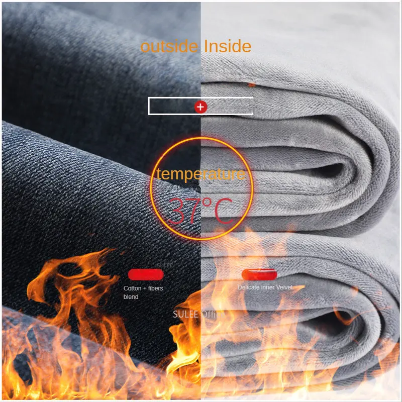 2024 Thick Warm Winter New Men Fleece Jeans Business Casual Stretch Straight Denim CowBoy Student Trousers Male Classic