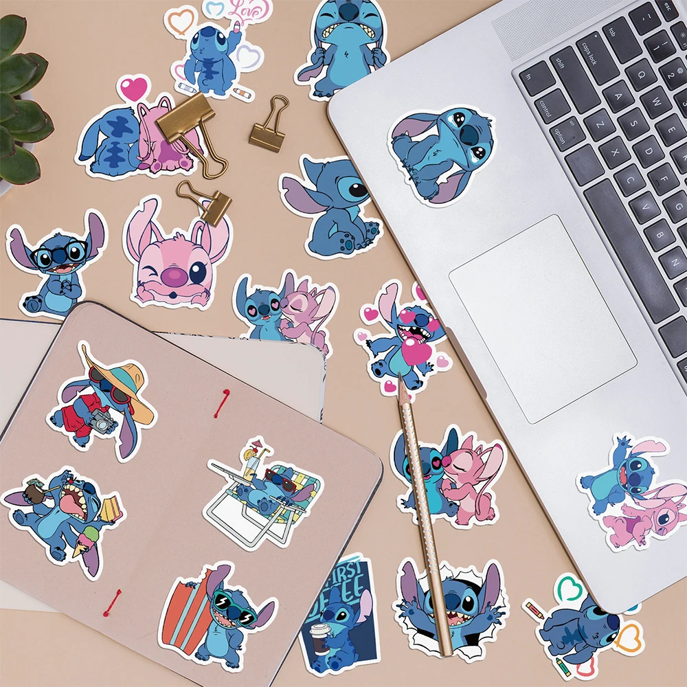 Disney-Cute Stitch Anime Adesivos para Crianças, Anjo Kawaii, Decalques dos desenhos animados, DIY Garrafa de Água, Guitarra, Etiqueta do telefone, Brinquedo, 10 Pcs, 30 Pcs, 50 Pcs, 100Pcs