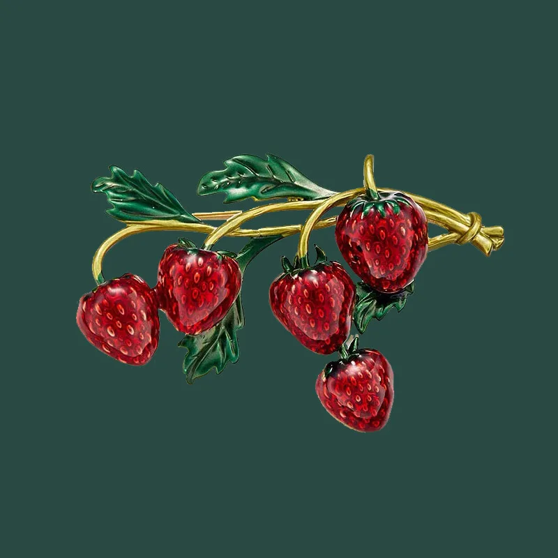 Enamel Multiple Red Strawberry Brooches for Women Fashion Shiny Zircon Flower Jewelry Fruit Branch Pearl T-shirt Coat Pin Bijou