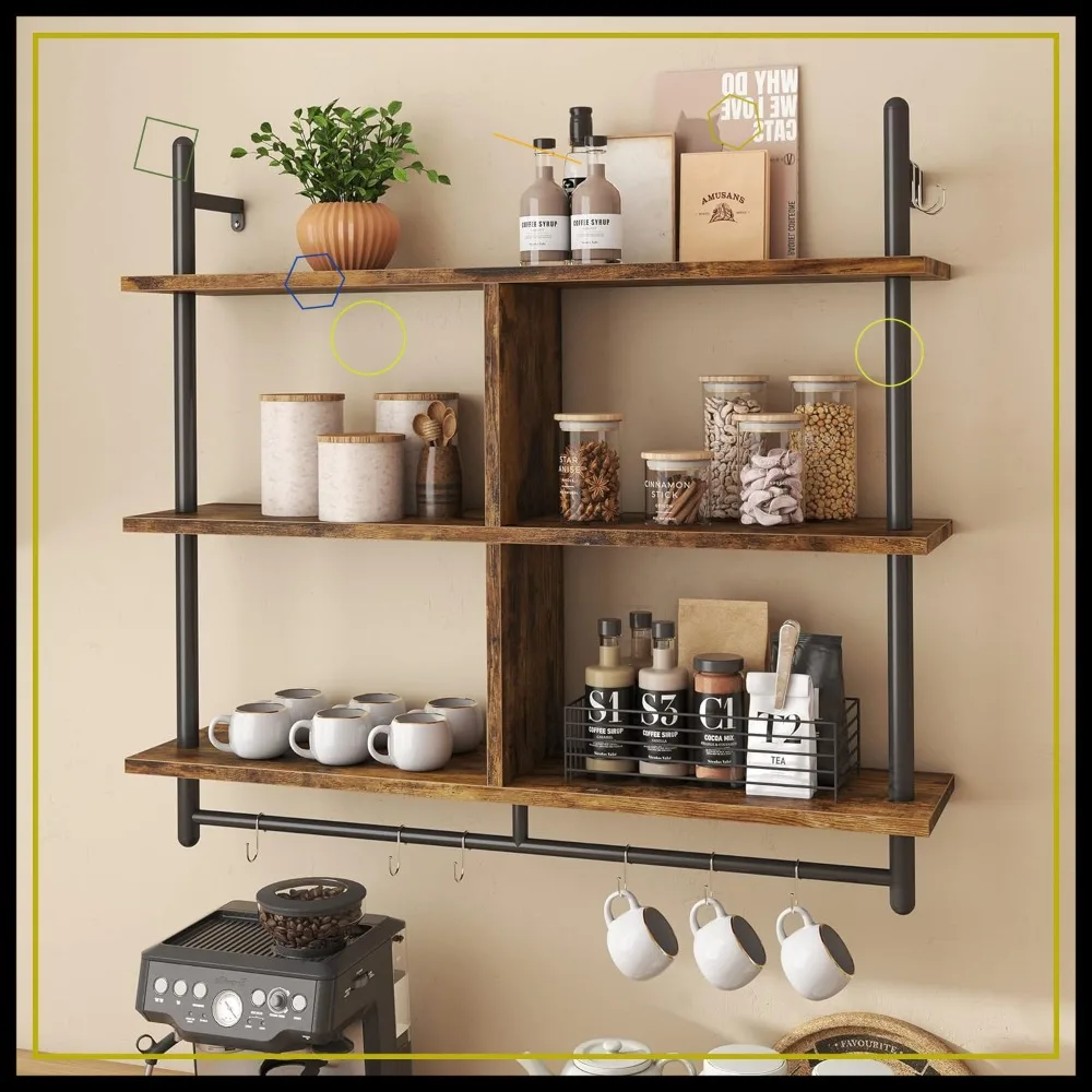 

Полки-подвески 41,5 дюйма с крючками, 3-ярусная настенная полка из промышленных труб для кухни, гостиной, ванной комнаты в деревенском стиле, коричневый цвет