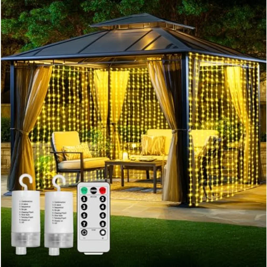 

LED Battery Operated Curtain Lights - 2Pack 300LED Battery Power Fairy Curtain String Lights with Remote and Timer for Backdrop
