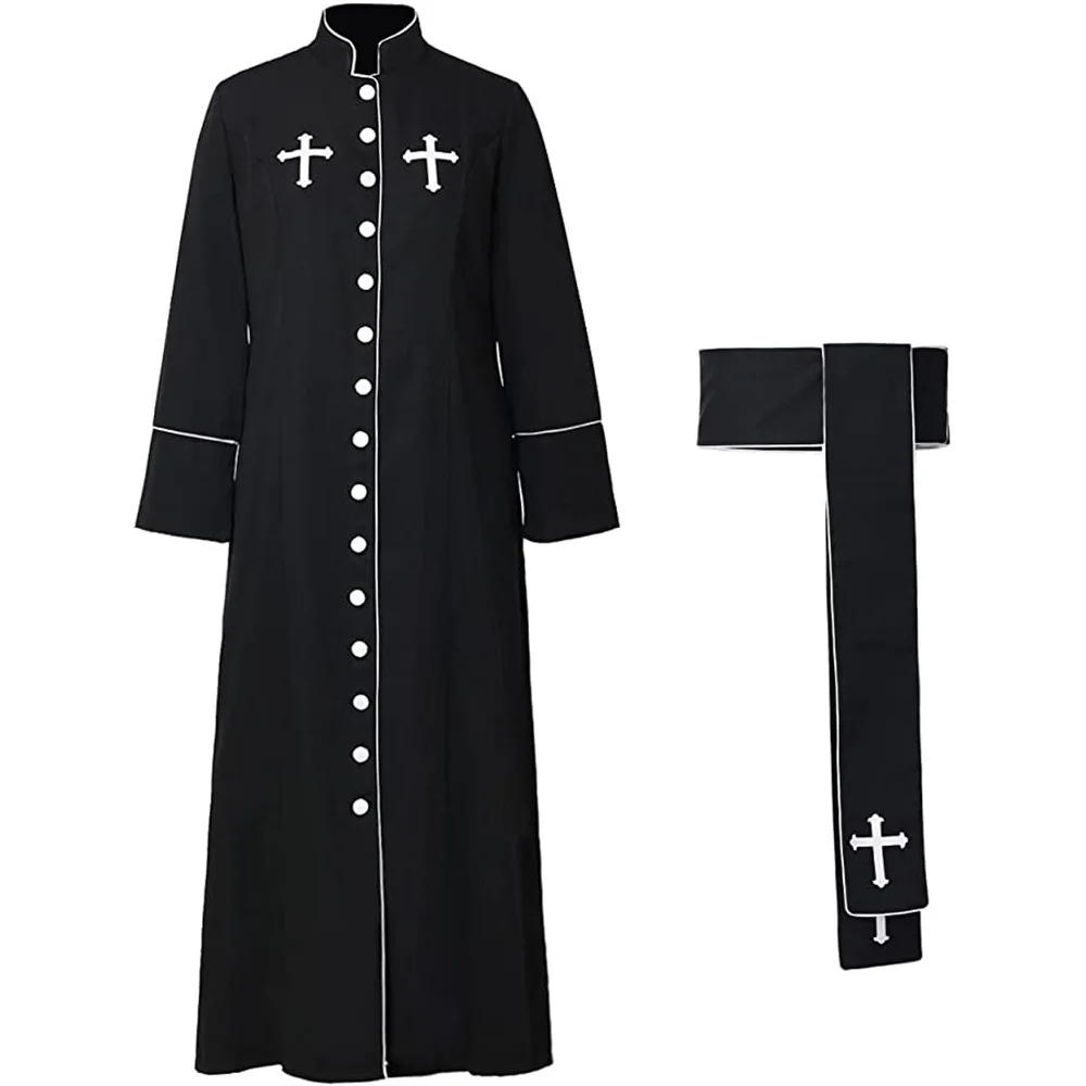 Clergy Cassock Robe for Women Church Pastor Priest Cross Costume Roman Stand Collar Belt Outfit Uniform