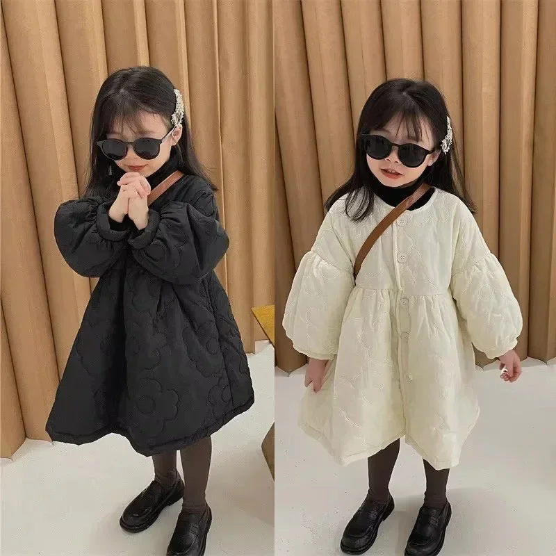 

Girls Thicken Coats Children's Winter Warm Down Jackets Autumn Baby Sweet Clothes Kids Floral Embroidery Puffed Sleeves Outwears