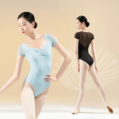 Imagen 1 del producto Leotardos de Ballet plisados con cuello en V para mujer, uniforme de gimnasia, empalme de malla, leotardos de baile de bailarina, Yoga, Pilates, monos de baile