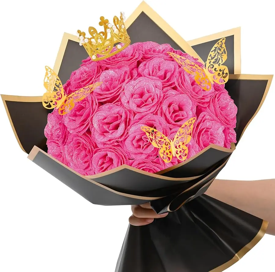 

Glitter Roses Bouquet, DIY Fake Flowers Bouquet, Hot Pink Artificial Flower, Valentines, Anniversary, Engagement, Wedding, 24 Pc