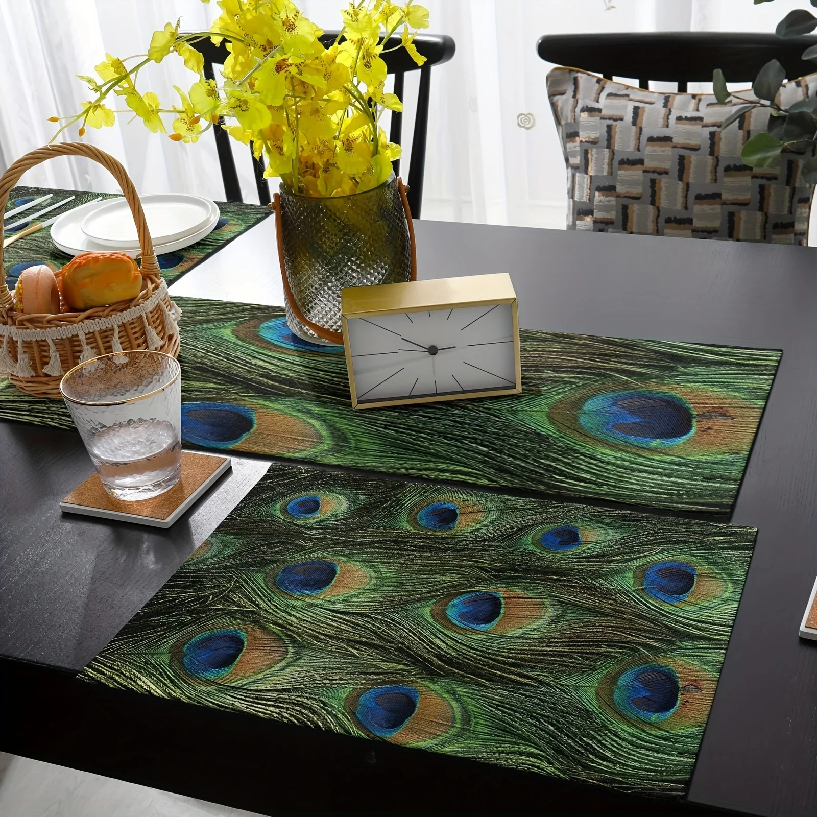 1pc Luxurious Green Peacock Feather Texture Linen Table Runner Stain Repellent for Dining Room Kitchen Festive Tablecloth