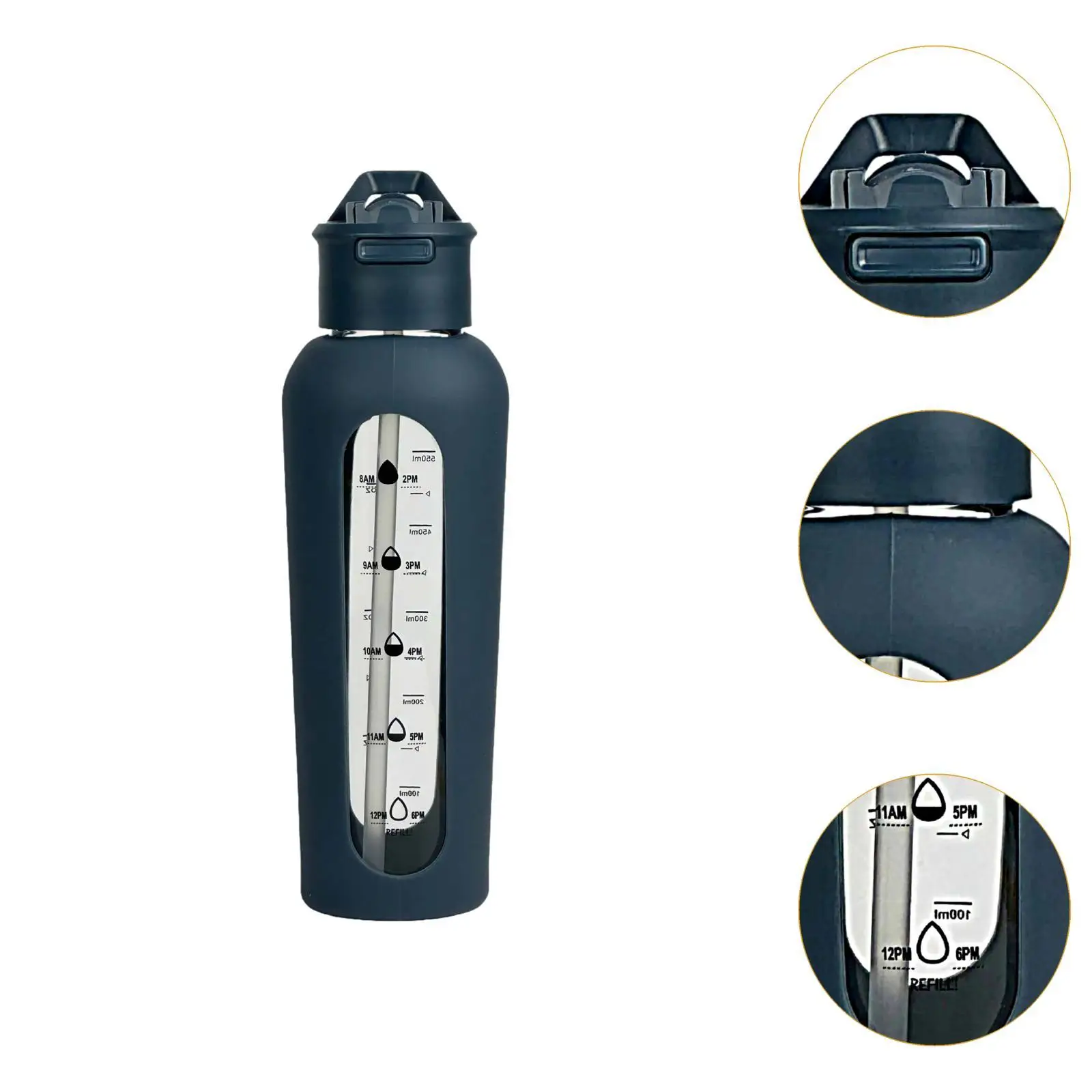 زجاجة ماء زجاجية مع علامة للوقت ، زجاجة شرب لممارسة تمارين ركوب الدراجات في الهواء الطلق