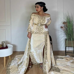 Karakou Algerian  Evening Dress Long Sleeve Beige Beaded Moroccan Dubai Velvet Prom Marige Party Dress Overskirt Customized