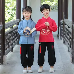 New Cotton Long Sleeve Chinese Style Embroidery Tassel Hanfu Boys And Girls Vintage Tang Suit Two Piece Sets Role Play Costume