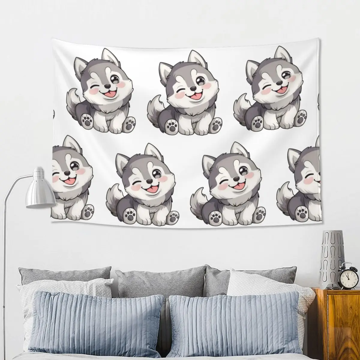Cute Winking Kawaii Husky Tapestry Funny Wall Hanging Aesthetic Home Decoration Tapestries for Living Room Bedroom Dorm Room