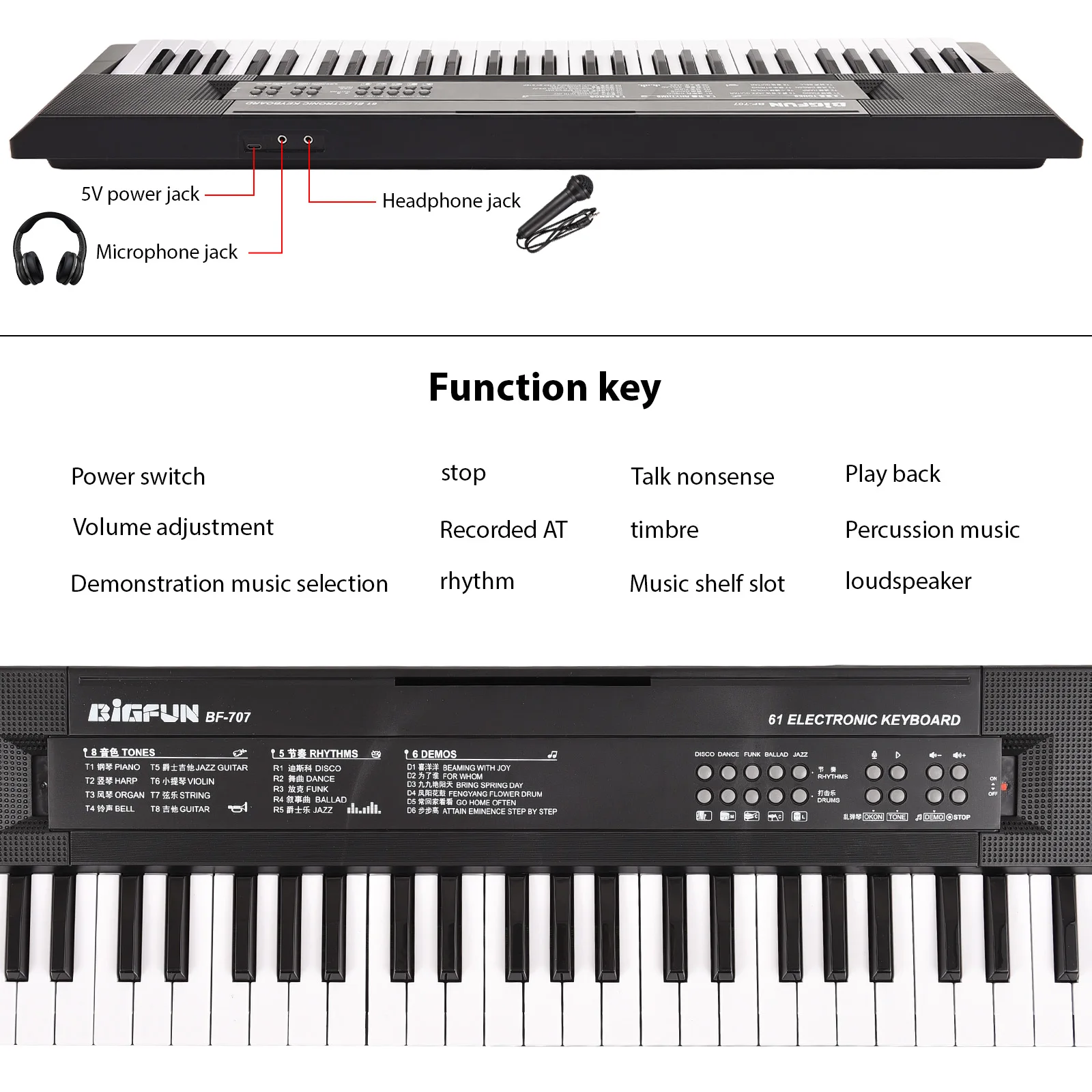 BIGFUN 61 Key Electronic Keyboard Piano Dual Speakers 8 Tones 5 Rhythms 6 Demos with Microphone Portable Keyboard for Beginners